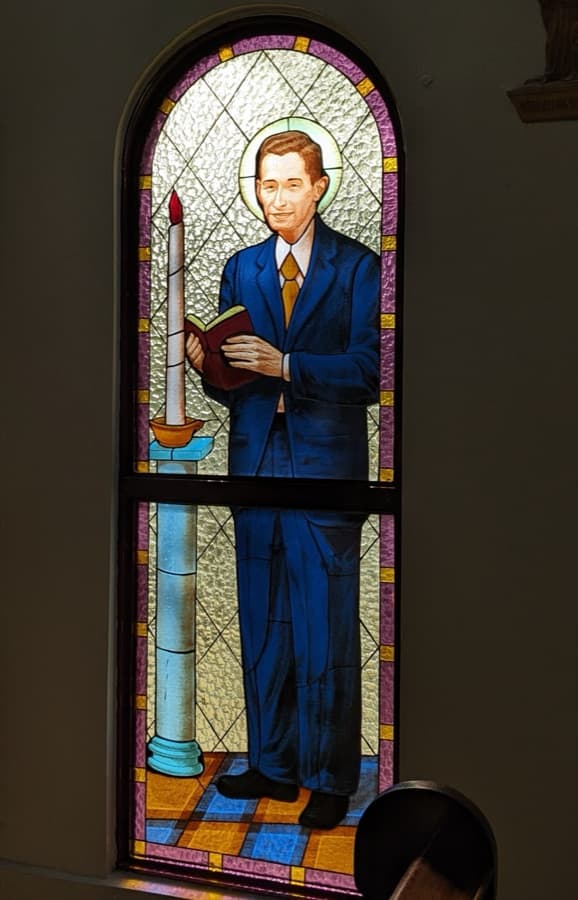 Blessed Carlos Manuel Rodríguez Santiago (stained glass window). Associated historical visual for Blessed Carlos Manuel Cecilio Rodríguez Santiago.