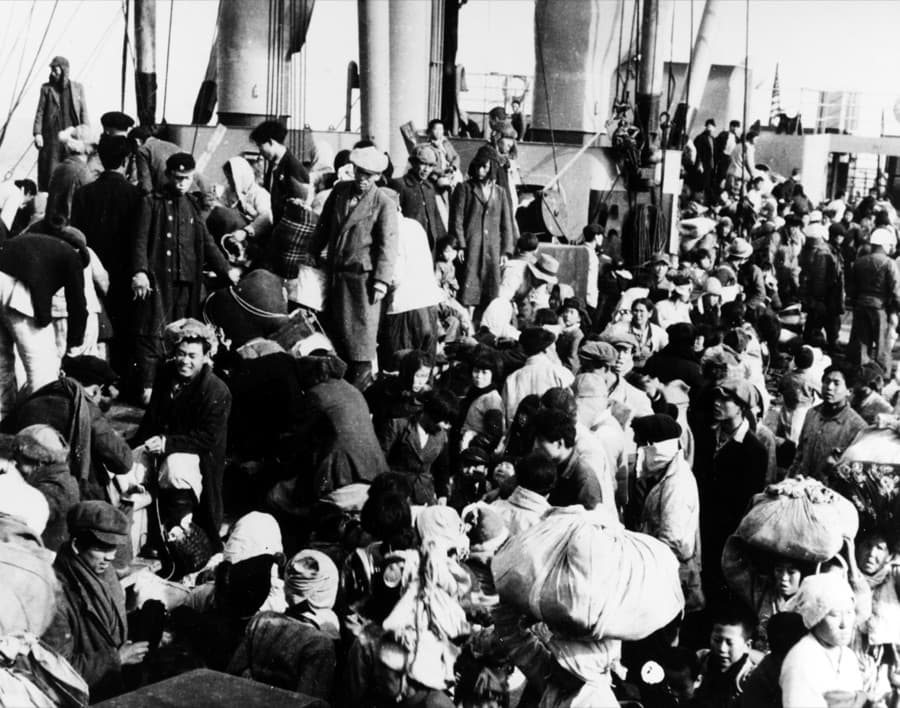 Korean refugees aboard the SS Meredith Victory, December 1950 (US Navy NH 95597; Captain LaRue not pictured). Associated historical visual for Servant of God Marinus La Rue.