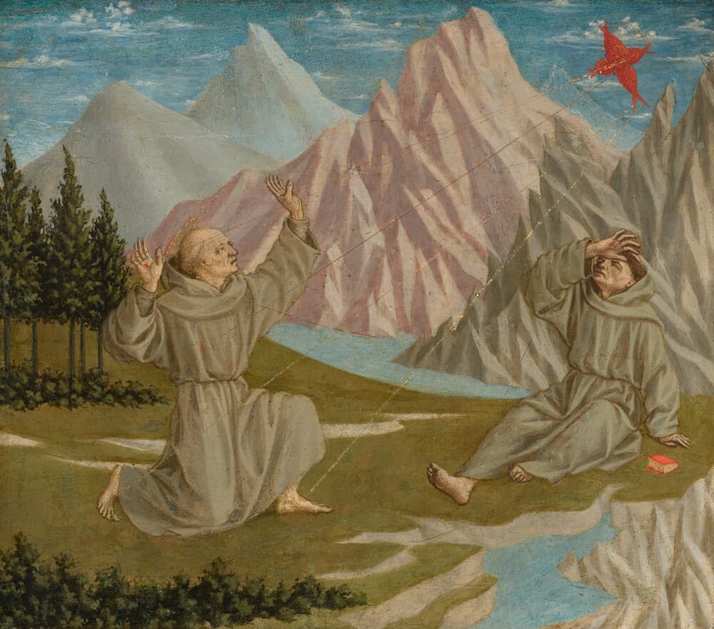 Domenico Veneziano's painting of Saint Francis receiving the stigmata, kneeling in a rocky landscape.