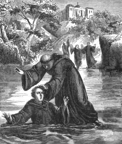 Illustration of Saint Maurus Walking Across The Water To Rescue Saint Placidus From Drowning From The Book The Life And Miracles of The Holy Father Benedict By Pope Saint Gregory The Great Translated By Father Henry Formby Artist Not Listed