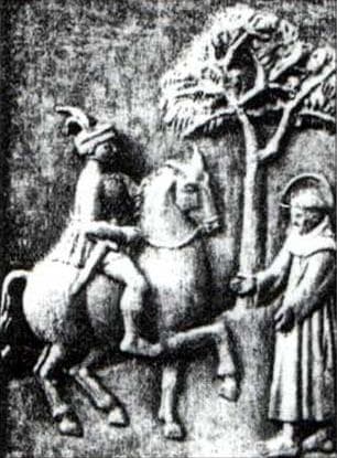 Bas Relief Image Of Blessed Angelo Tancredi While Still A Knight Meeting Saint Francis Of Assisi Date And Artist Unknown