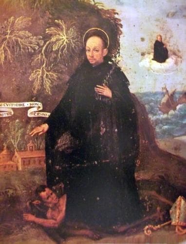 Painting By Roger S Showing Blessed Constabilis Standing On A Devil In The Foreground And Of His Miraculous Intervention To Save A Ship