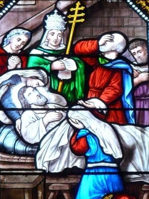 Detail of A Stained Glass Window Depicting The Discovery of The Death of Saint Alexius of Rome Date Unknown Artist Unknown Church of Saint Sulpice Bugue Dordogne France Photographed On 15 September 2012 By Father Igor Swiped From Wikimedia Commons