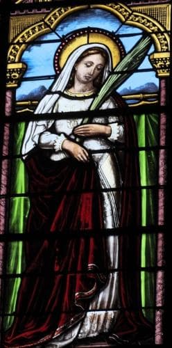 Detail of A Stained Glass Window of Saint Alodia Date And Artist Unknown Church of Saint John The Baptist Jazeneuil Vienne France Photographed On 3 April 2018 By Gfreihalter Swiped From Wikimedia Commons