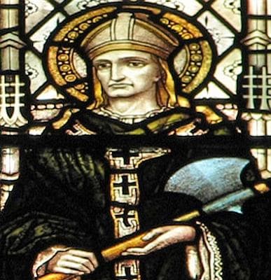 Detail of A Stained Glass Window of Saint Alphege of Winchester At The Clerestory of Great Saint MaryS Church Cambridge England Date And Artist Unknown Photographed By Brother Lawrence Lew Op Swiped Off His Flickr Site And Used With Permission