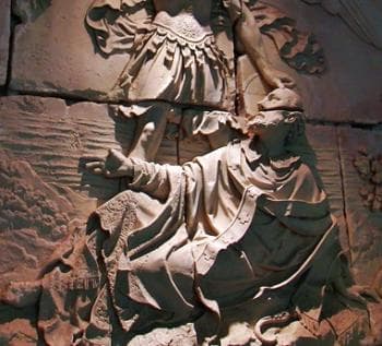 Detail of A BasRelief of The Vision of Saint Aubert of Avranches of The Archangel Michael Ordering Him To Build A Sanctuary On Mount Tomb Artist Unknnown Abbey of MontSaintMichel Manche Normandie France