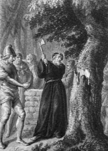 Detail of An Illustration of Saint Boniface By Cornelis Bloemaert C1630 Detail of A Print of Saint Boniface Chopping Down The Odin Oak By Daniel Chodowiecki 1780 Vonderau Museum Fulda Germany