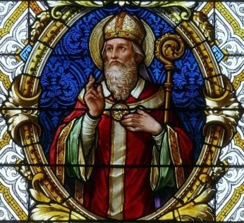 Detail of A Stained Glass Window of Saint Deodatus of Nevers 1900 By The Ott Brothers Nave of Saint PeterS Church Alsace BasRhin BourgBruche France Photographed On 28 September 2015 By Ralph Hammann