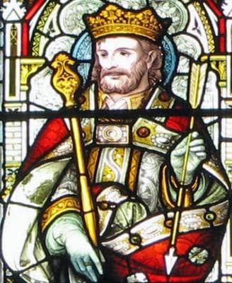 Detail of A Stained Glass Window of Saint Edmund of East Anglia Date And Artist Unknown Clerestory of Our Lady And The English Martyrs Church Cambridge England