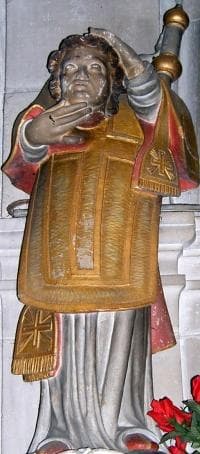 Statue of Saint Elophe Carrying His Severed Head 1709 Artist Unknown Inside The Church At DomrémyLaPucelle Vosges France Photographed On 25 October 2006 By Pra