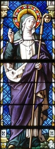 Detail of A Stained Glass Window of Saint Eugenia By Burckhardt 1899 Church of Saints Peter And Paul BasRhin Scherwiller Alsace France Photographed On 19 August 2015 By Ralph Hammann