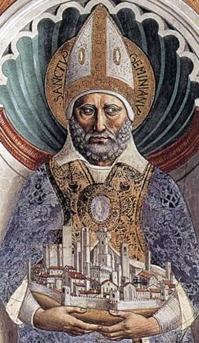 Fresco of Saint Gimignano On A Pillar Holding The City of San Gimignano Italy C1464 By Benozzo Gozzoli Apsidal Chapel SantAgostino San Gimignano Italy