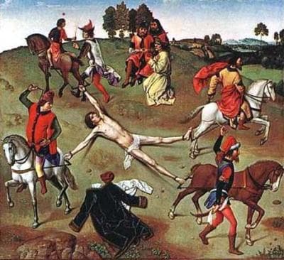 Detail of The Central Panel of The Triptych of Saint Hippolyte By Dieric Bouts And Hugo Van Der Goes C1470 Featuring His Martyrdom