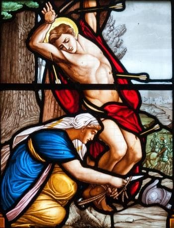 Detail of A Stained Glass Window of Saint Irene Tending To Saint Sebastian C1885 By Hucher Et Fils Succ Fab Du Carmel Du Mans Church of SaintMartin Réthoville Manche BasseNormandie France Photographed On 1 September 2013 By Andreas F Borchert