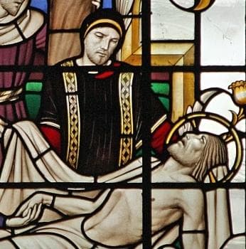 Detail of A Stained Glass Window Depicting Saint Joseph of Arimathea Preparing Christ For Entombment Christopher Webb Saint James Church Piccadilly England