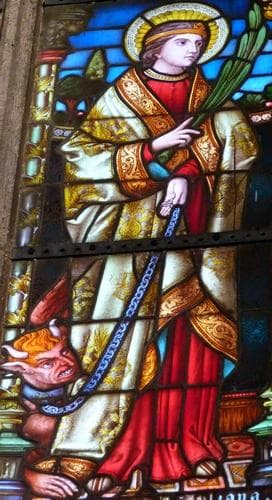 Detail of A Stained Glass Window of Saint Juliana of Nicomedia Created In 1889 By Glasmalerei Schneiders Und Schmolz Based On Designs By Heinrich Wiethase Northern Choir Window of The Catholic Church of Saint Mary Magdalene And Saint Andrew Knechtsteden Dormagan RheinKreis Neuss North RhineWestphalia Germany Photographed On 12 November 2012 By Gfreihalter