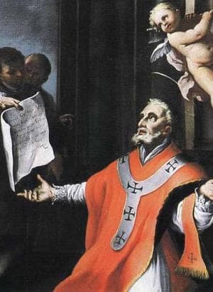 Detail of A Painting of Saint Libertine of Agrigento Receiving A Document From Saint Peter The Apostle Date And Artist Unknown