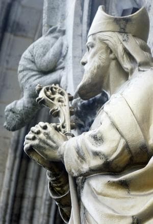 Detail of A Statue of Saint Loup of Troyes Date And Artist Unknown Front Door of The Church of Saint Loup ChalonsEnChampagne France Photographed On 16 September 2012 By G Garitan