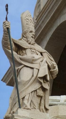 Statue of Saint Marcian of Tortona By Ignazio Marabitti Latter 18Th Century Located On The Top of The Facade of The Cathedral In Syracuse Italy Photographed On 19 December 2013 By Amercader