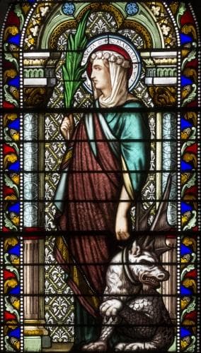 Detail of A Stained Glass Window of Saint Margaret of Antioch Date And Artist Unknown Church of SaintDenisDeLaCroixRousse In Lyon France Photographed On 29 October 2015 By Xavier Caré