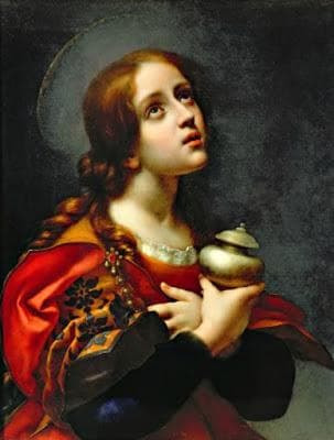 Saint Mary Magdalen Holy Card In Which She Holds Her Alabaster Jar of Oil From The Painting Magdalene By Carlo Dolci 16651670 Oil On Canvas Galleria Palatina Florence Italy
