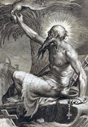 Detail From An Illustration of Saint Paul The Hermit Design By Abraham Bloemaert Engraving By Boetius À Bolswert 1619 From The Book Sylva Anachoretica Aegypti Et Palaestinae University Library Nijmegen Netherlands