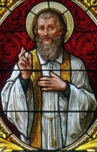 Detail of A Stained Glass Window of Saint Pierre Fourier By Ott Frères 1900 Nave of The Church of SaintPierre of BourgBruche Alsace BasRhin France Photographed On 28 September 2015 By Ralph Hammann