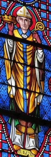 Detail of A Stained Glass Window of Saint Remigious Date And Artist Unknown Basilique NotreDame Bonsecours France Photographed On 13 September 2012 By Giogo