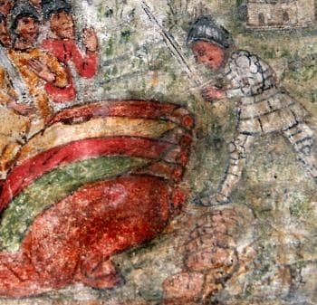 Detail of A 13Th Century Frescoe Depicting The Martyrdom of Saint Restituta of Corsica And Others Exact Date And Artist Uknown Chapel of Saint Resituta Calenzana Corsica France Photographed On 14 May 2008 By JeanPol Grandmont