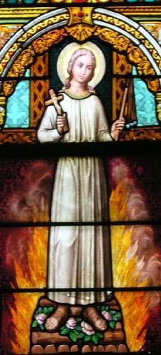 Detail of A Stained Glass Window of Saint Rose of Viterbo 1892 Artist Unknown Church of Saint Brice Hombourg Belgium Photographed On 10 November 2006 By Norbert Schnitzler