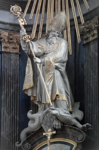 Statue of Saint Servatus With His Key Defeating A Dragon Representing Heresy Date And Artist Unknown Basilica of Saint Servatius Grimbergen Belgium Photographed On 12 March 2012 By Mattana