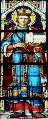 Detail of A Stained Glass Window Depicting Saint Sigebert III of Austrasia Date And Artist Unknown Parish Church of SaintVincentDePaul In Clichy France Phtoographed On 28 March 2011 By Gfreihalter