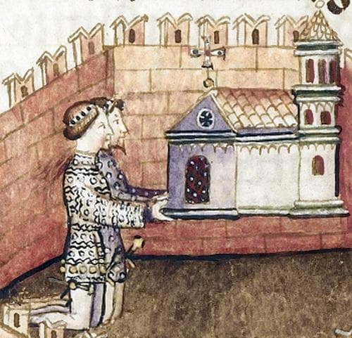 Aimo And Vermondo Holding Up The Church of Saint Victor About 1400 Tempera Colors Gold Leaf And Ink On Parchment Attributed To Anovelo Da Imbonate Italian Lombard Active About 1400 The J Paul Getty Museum Los Angeles Ms 26 Fol 4V