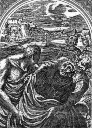 Detail of An Antique Italian Holy Card Depicting Saint Vitalian Being Sewn Into A Leather Bag Date And Artist Unknown