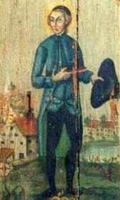 Photograph of An 18Th Century Painting of Saint Winnoc of Flanders On An Old Door Sign In The Pforzner Monastery Mill
